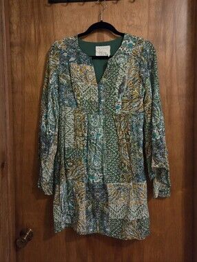 Floreat Green Long Sleeve Boho Tunic Women Size 6 Dress